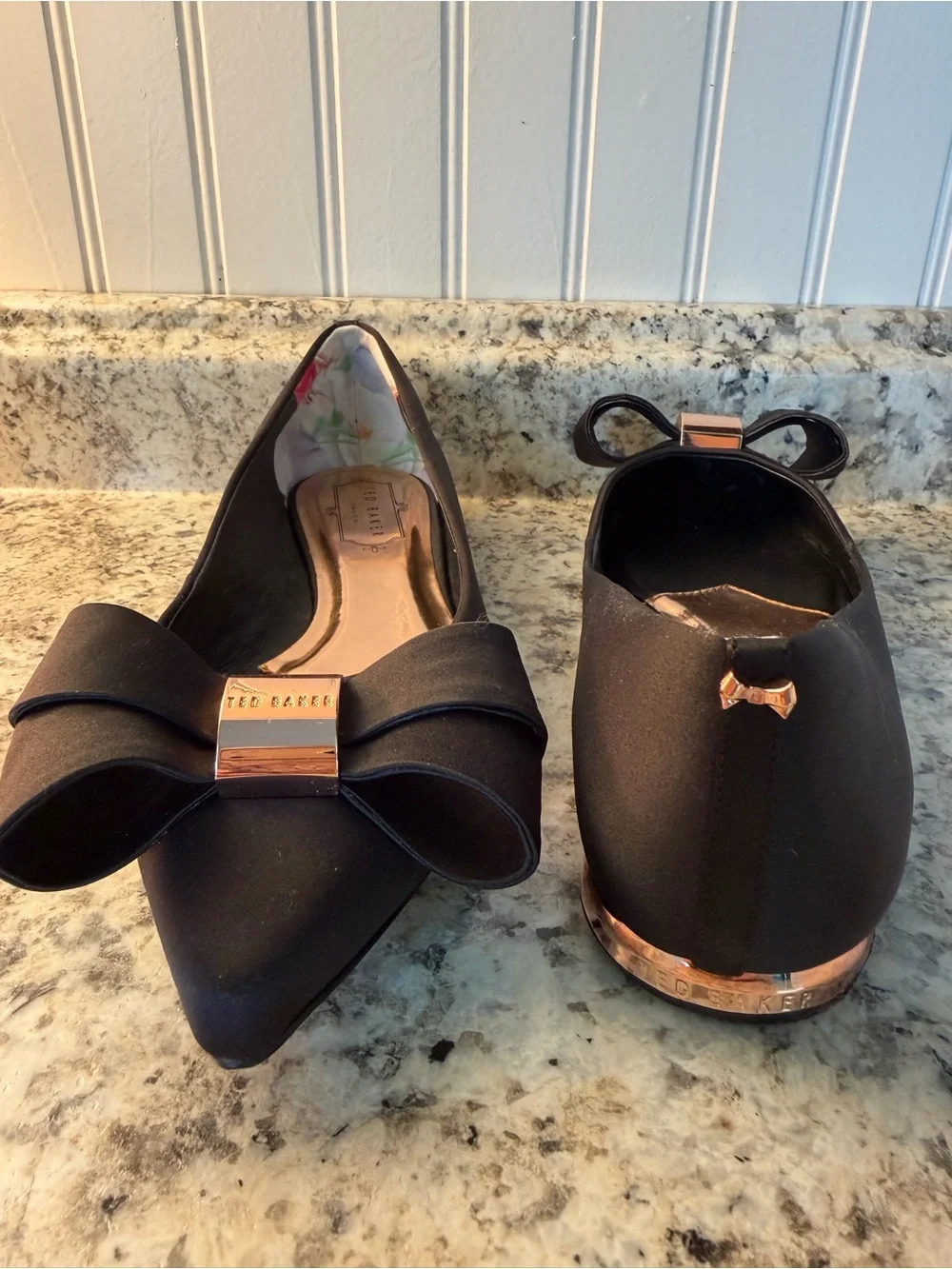 Ted Baker London Black Pointed Ballet Flats with Rose Gold Bow Accent Size 38